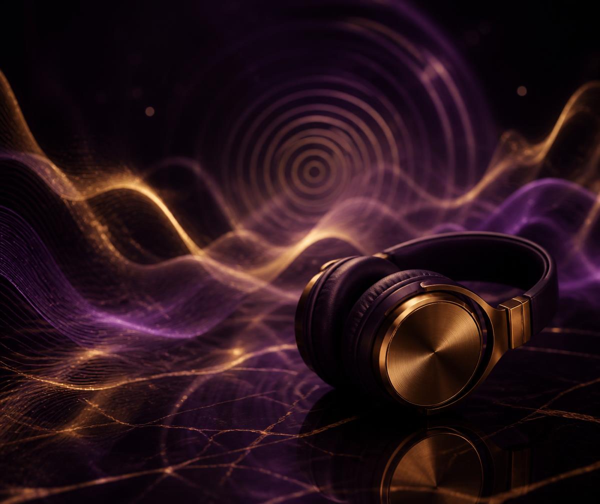 Premium headphones surrounded by theta-frequency sound waves in silver and blue light